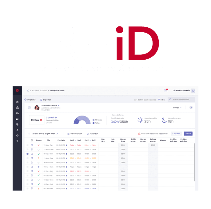 Software de controle de ponto RHiD - Dashboard com banco de horas, horas extras e registro de ponto eletrônico digital
